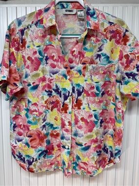 Gitano Vintage Vibrant Multicolor Floral Short-Sleeve Button Down Size Large